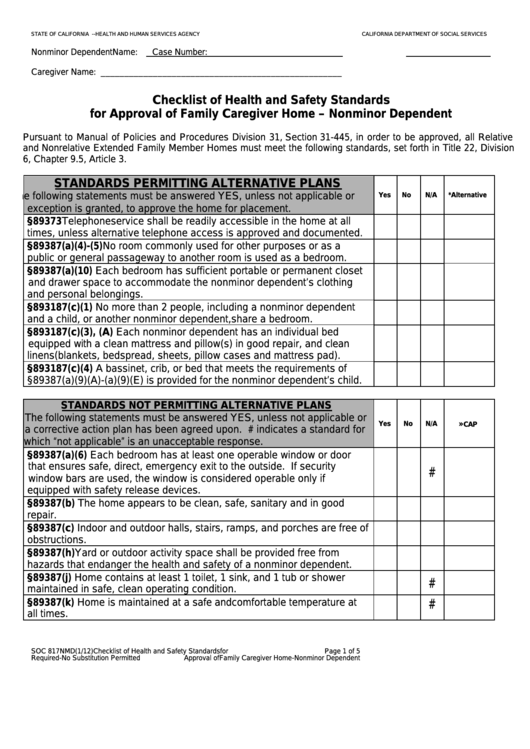 Fillable Form Soc 817nmd - Checklist Of Health And Safety Standards For Approval Of Family Caregiver Home - Nonminor Dependent Printable pdf