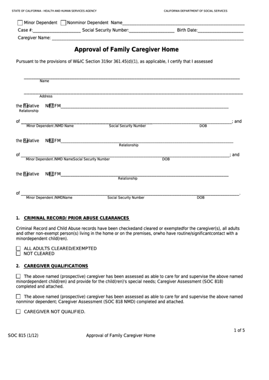 Fillable Form Soc 815 - Approval Of Family Caregiver Home Printable pdf