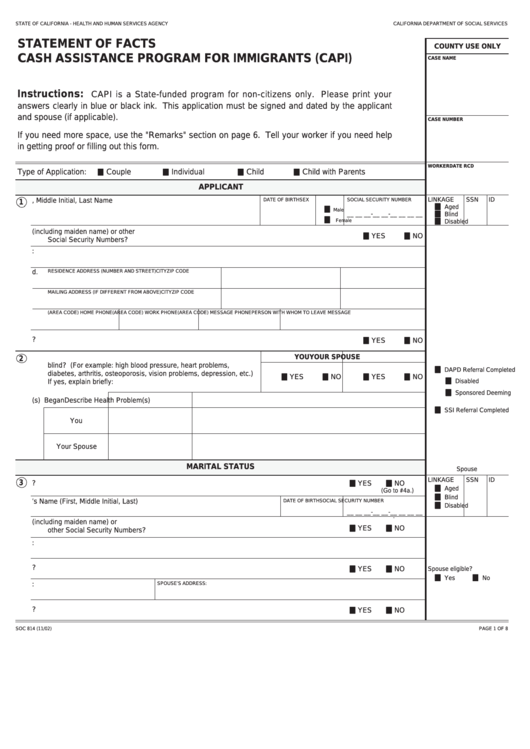 Fillable Form Soc 814 - Statement Of Facts Cash Assistance Program For Immigrants (Capi) Printable pdf