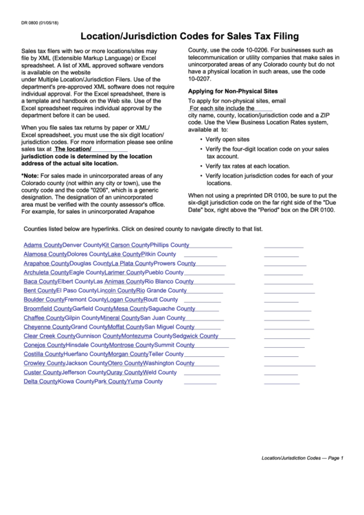 Form Dr 0800 - Location/jurisdiction Codes For Sales Tax Filing