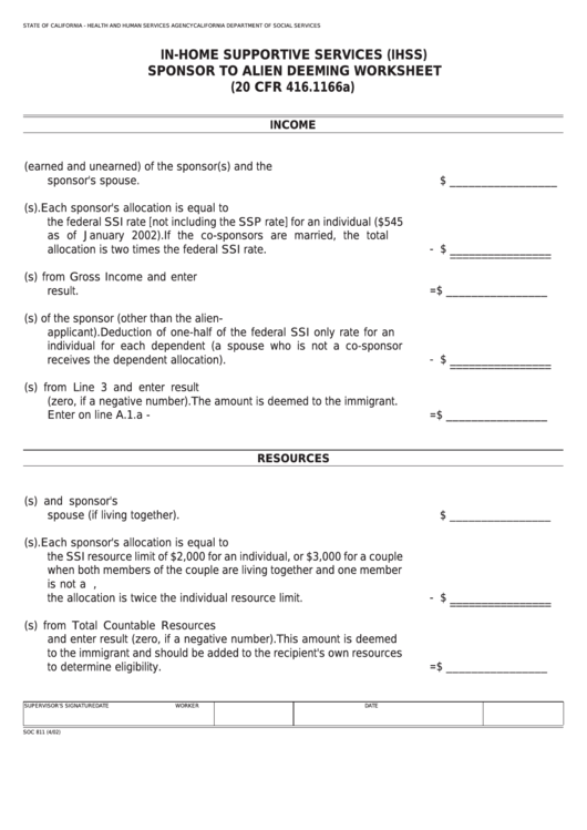 Fillable Form Soc 811 - In-Home Supportive Services (Ihss) - Sponsor To Alien Deeming Worksheet Printable pdf