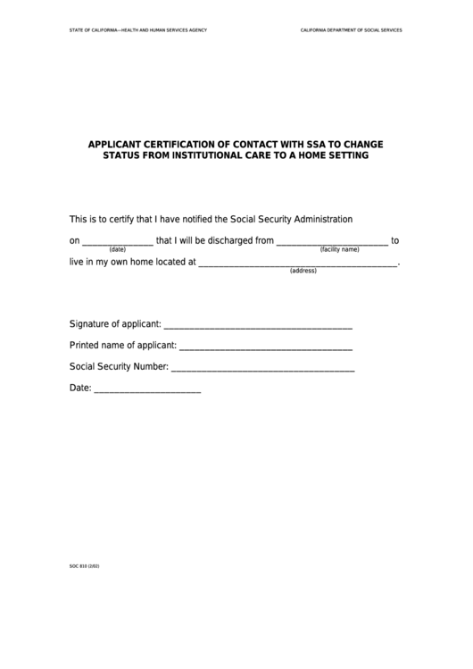 Fillable Form Soc 810 - Applicant Certification Of Contact With Ssa To Change Status From Institutional Care To A Home Setting Printable pdf