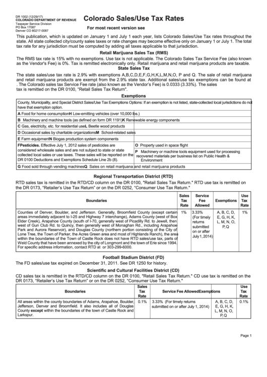 Form Dr 1002 - Colorado Sales/use Tax Rates Printable pdf