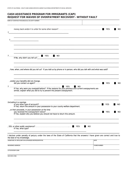 Fillable Form Soc 807a - Cash Assistance Program For Immigrants (Capi) - Request For Waiver Of Overpayment Recovery - Without Fault Printable pdf
