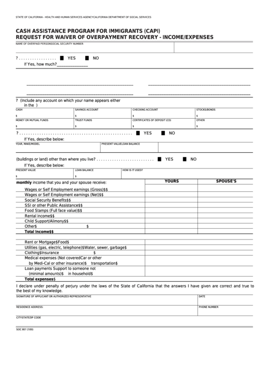 Fillable Form Soc 807 - Cash Assistance Program For Immigrants (Capi) - Request For Waiver Of Overpayment Recovery - Income/expenses Printable pdf