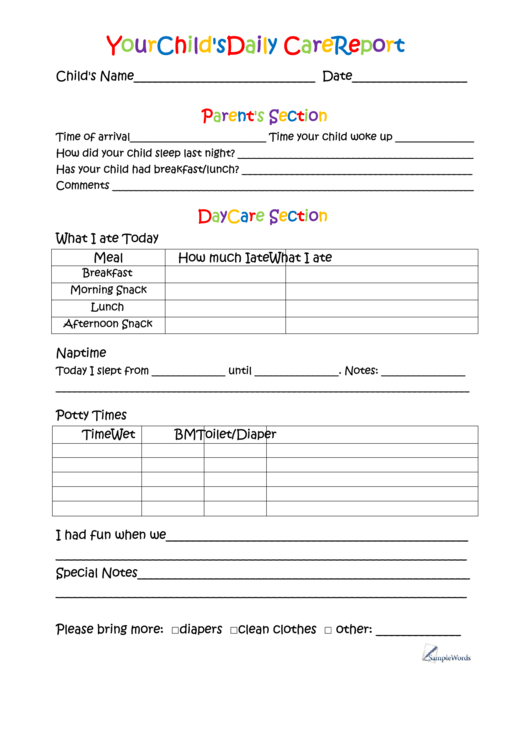 Your Child's Daily Care Report Sheet