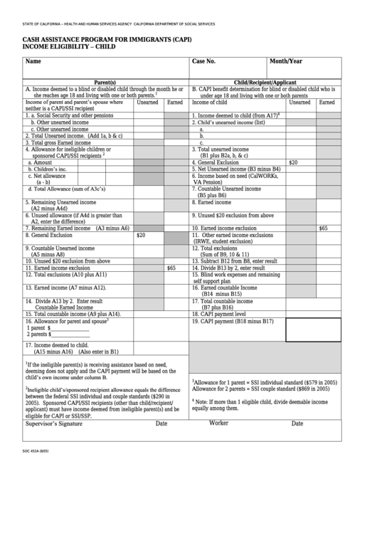 Fillable Form Soc 452a - Cash Assistance Program For Immigrants (Capi) - Income Eligibility - Child Printable pdf