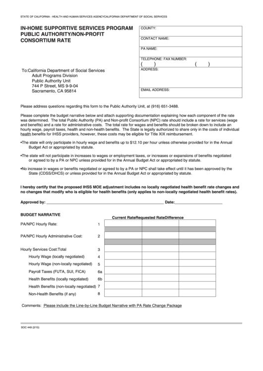 Fillable Form Soc 449 - In-Home Supportive Services Program - Public Authority/non-Profit Consortium Rate Printable pdf