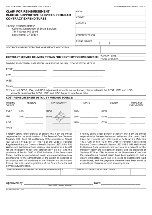 Fillable Form Soc 432 - Claim For Reimbursement - In-Home Supportive Services Program - Contract Expenditures Printable pdf