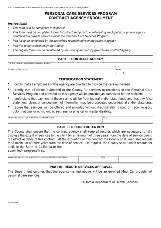 Fillable Form Soc 431 - Personal Care Services Program - Contract Agency Enrollment Printable pdf