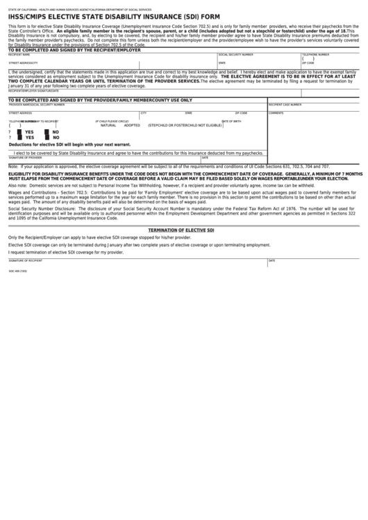 Fillable Form Soc 409 - Ihss/cmips Elective State Disability Insurance (Sdi) Printable pdf