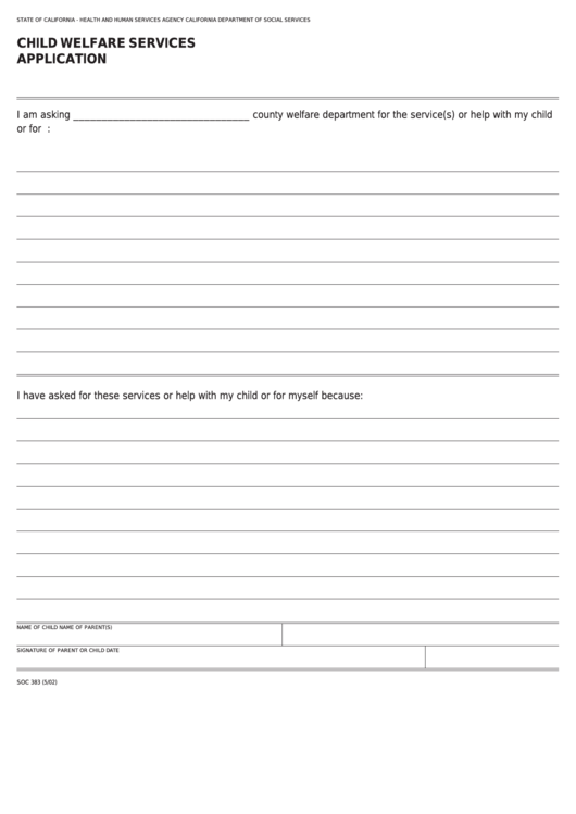 Fillable Form Soc 383 - Child Welfare Services Application Printable pdf