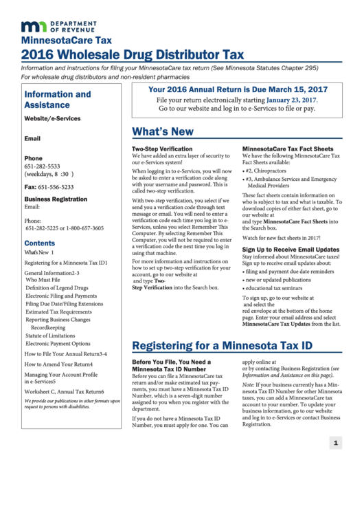 Wholesale Drug Distributor Tax Instructions - Minnesota Department Of Revenue - 2016 Printable pdf