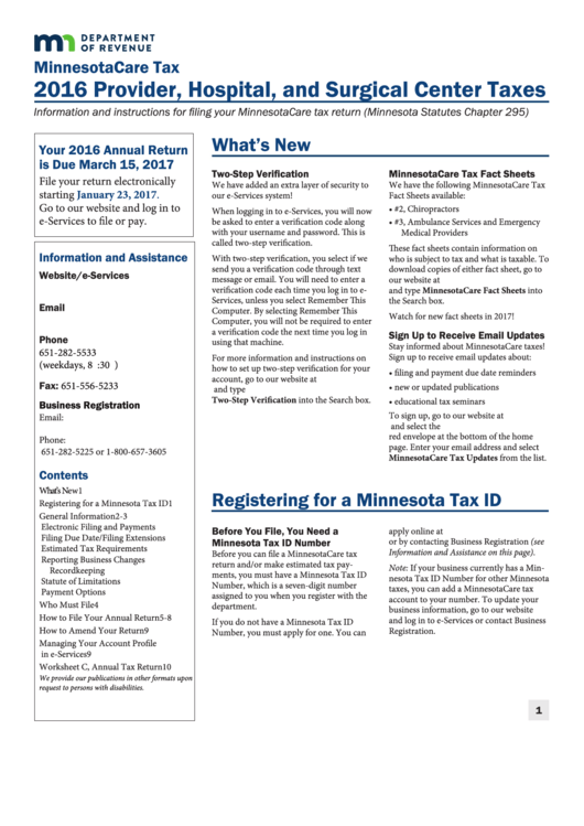 Provider, Hospital, And Surgical Center Taxes Instructions - Minnesota Department Of Revenue - 2016 Printable pdf
