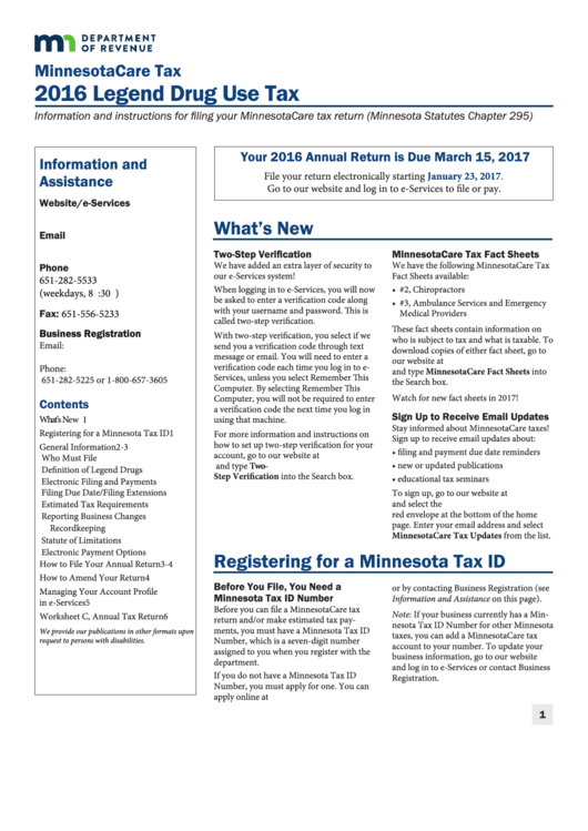 Legend Drug Use Tax Instructions - Minnesota Department Of Revenue - 2016 Printable pdf