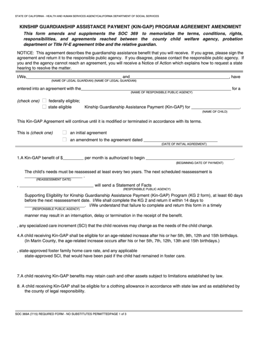 Fillable Form Soc 369a - Kinship Guardianship Assistance Payment (Kin-Gap) Program Agreement Amendment Printable pdf