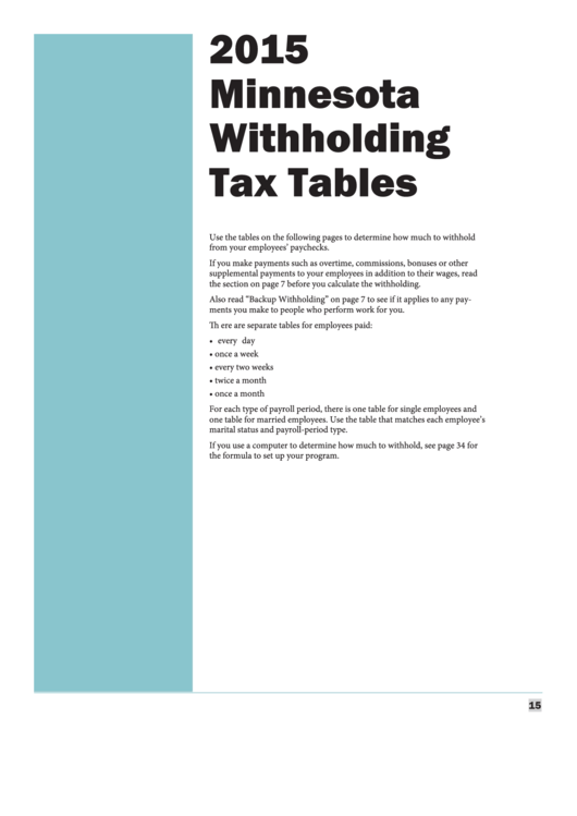 Minnesota Withholding Tax Tables - Minnesota Department Of Revenue - 2015 Printable pdf