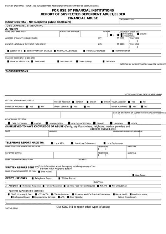 Fillable Form Soc 342 - Report Of Suspected Dependent Adult/elder Finantial Abuse Printable pdf