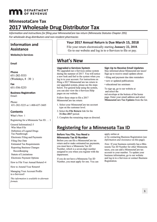 Wholesale Drug Distributor Tax Instructions - Minnesota Department Of Revenue - 2017 Printable pdf