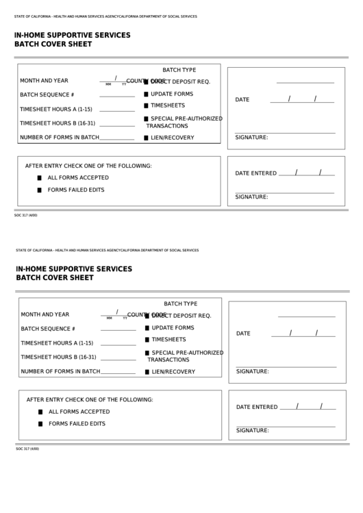 Fillable Form Soc 317 - In-Home Supportive Services - Batch Cover Sheet Printable pdf