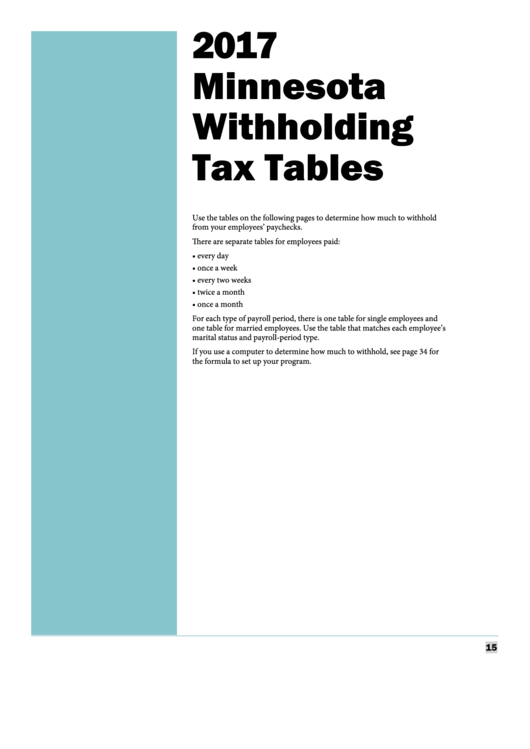 Minnesota Withholding Tax Tables - Minnesota Department Of Revenue - 2017 Printable pdf