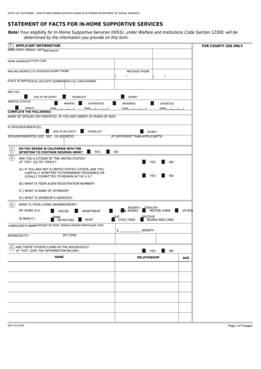 Fillable Form Soc 310 - Statement Of Facts For In-Home Supportive Services Printable pdf