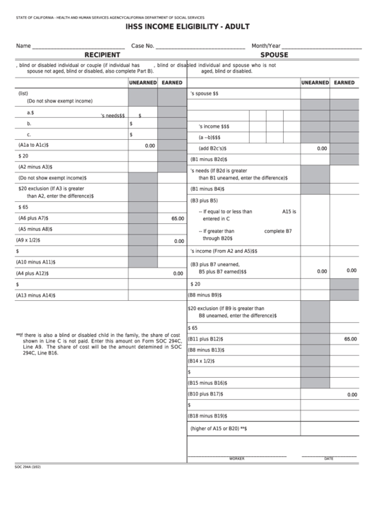 Fillable Form Soc 294a - Ihss Income Eligibility - Adult Printable pdf