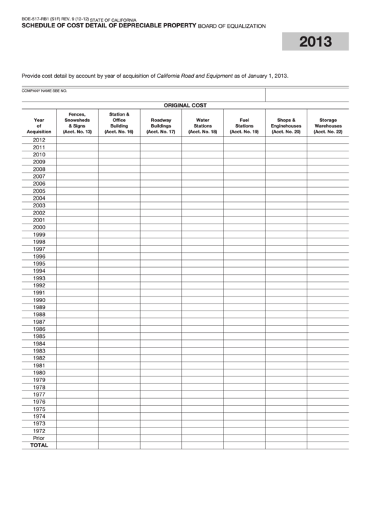 Fillable Form Boe-517-Rb1 - Schedule Of Cost Detail Of Depreciable Property - 2013 Printable pdf