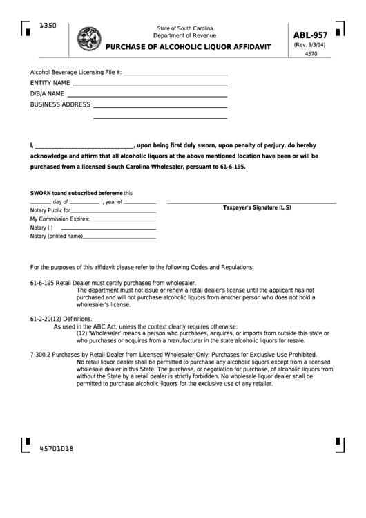 Form Abl-957 - Purchase Of Alcoholic Liquor Affidavit Printable pdf