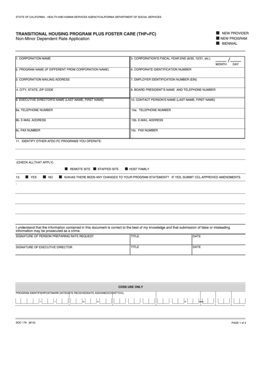Fillable Form Soc 179 Transitional Housing Program Plus Foster Care