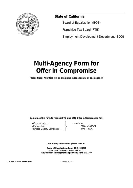 Fillable Form De 999ca - Multi-Agency Form For Offer In Compromise Printable pdf