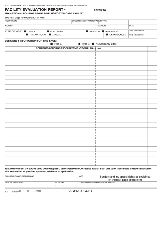 Fillable Form Soc 177 - Facility Evaluation Report - Transitional Housing Program-Plus-Foster Care Facility Printable pdf