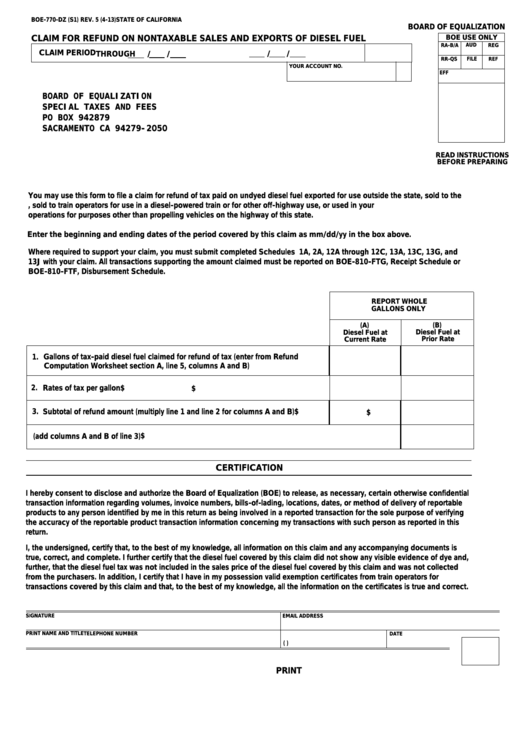Fillable Form Boe-770-Dz - Claim For Refund On Nontaxable Sales And Exports Of Diesel Fuel Printable pdf