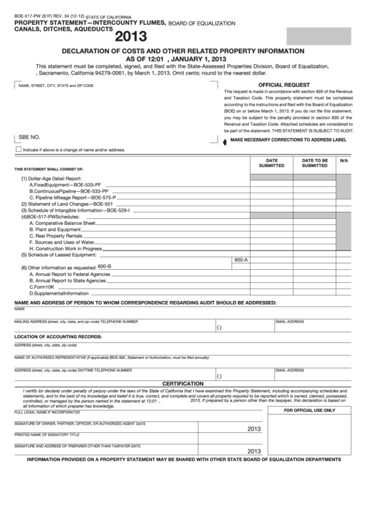 Fillable Form Boe-517-Pw - Property Statement - Intercounty Flumes, Canals, Ditches, Aqueducts - 2013 Printable pdf
