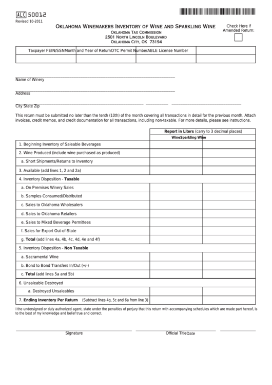Fillable Form Alc 50012 - Oklahoma Winemakers Inventory Of Wine And Sparkling Wine Printable pdf