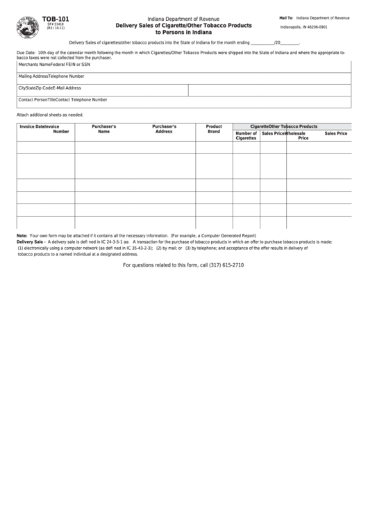 Fillable Form Tob-101 - Delivery Sales Of Cigarette/other Tobacco Products To Persons In Indiana Printable pdf