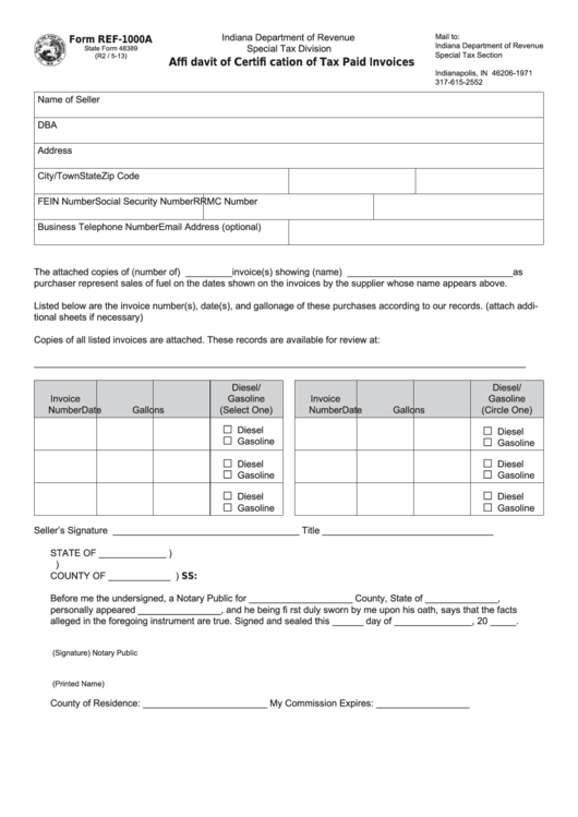 Fillable Form Ref-1000a - Affidavit Of Certifi Cation Of Tax Paid Invoices Printable pdf