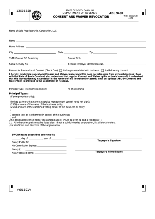 Form Abl 946r - Consent And Waiver Revocation Printable pdf