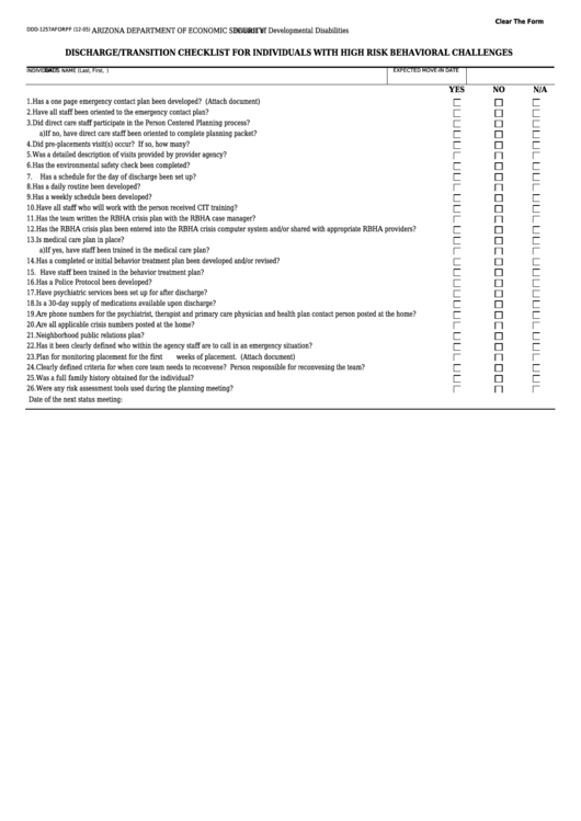 Fillable Form Ddd-1257aforpf - Discharge/transition Checklist For Individuals With High Risk Behavioral Challenges Printable pdf