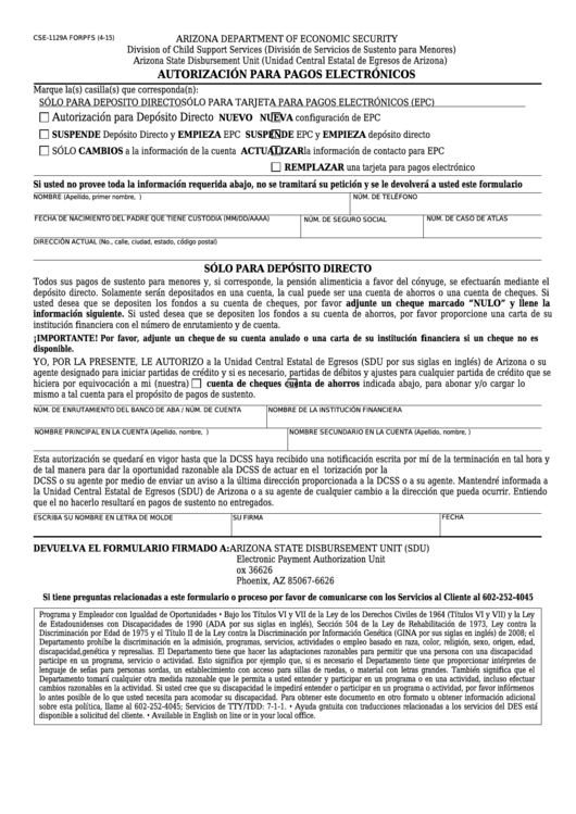 Fillable Form Cse-1129a Forpfs - Autorizacion Para Pagos Electronicos Printable pdf