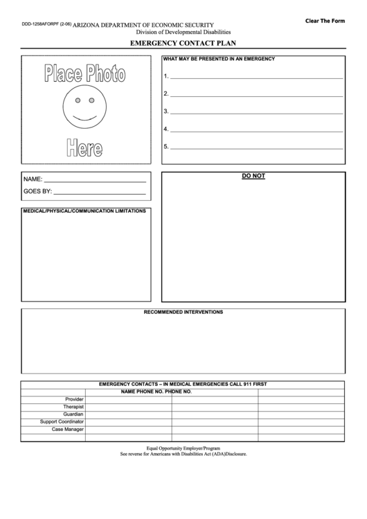 Fillable Form Ddd-1258aforpf - Emergency Contact Plan Printable pdf