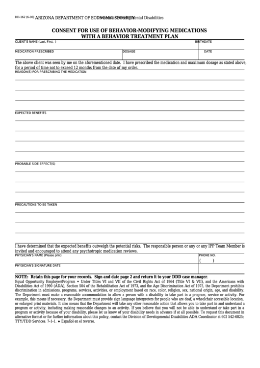 Form Dd-162 - Consent For Use Of Behavior-Modifying Medications With A Behavior Treatment Plan Printable pdf