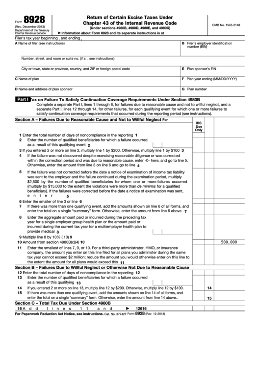 Fillable Form 8928 - Return Of Certain Excise Taxes Under Chapter 43 Of The Internal Revenue Code Printable pdf