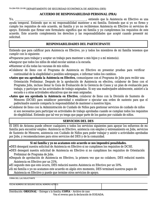 Form Fa-264-Pds - Acurdo De Responsabilidad Personal (Pra) Printable pdf