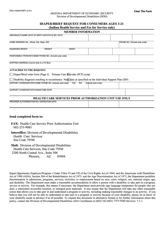 Fillable Form Ddd-1426aforpf - Diaper/brief Request For Consumers Ages 3-21 (Indian Health Service And Fee For Service Only) Printable pdf