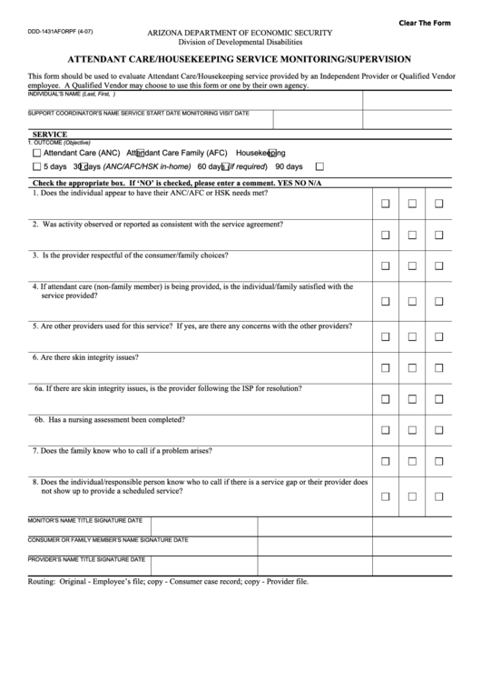 Fillable Form Ddd-1431aforpf - Attendant Care/housekeeping Service Monitoring/supervision Printable pdf