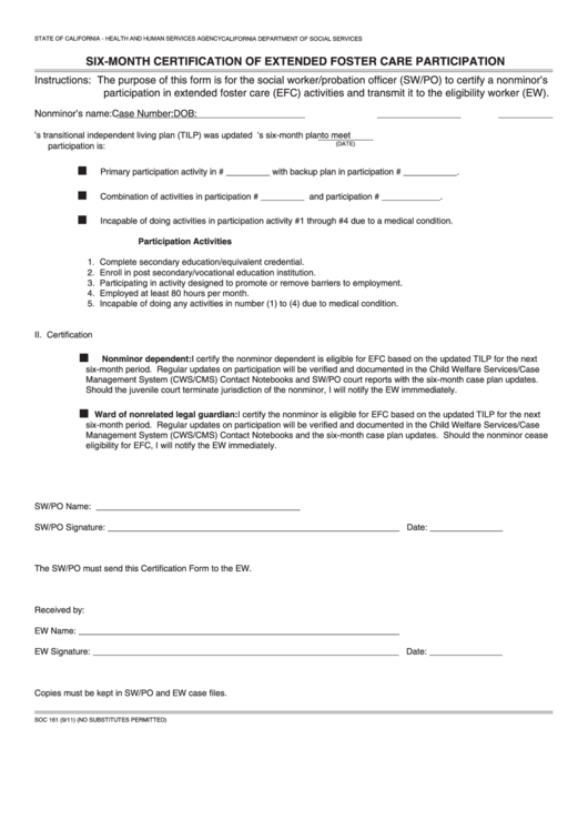 Fillable Form Soc 161 - Six-Month Certification Of Extended Foster Care Participation Printable pdf