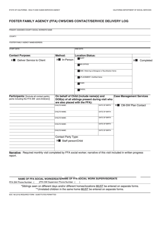 Fillable Form Soc 160 - Foster Family Agency (Ffa) Cws/cms Contact/service Delivery Log Printable pdf