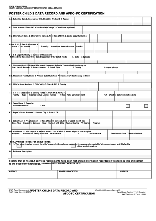 Fillable Form Soc 158a - Foster Child