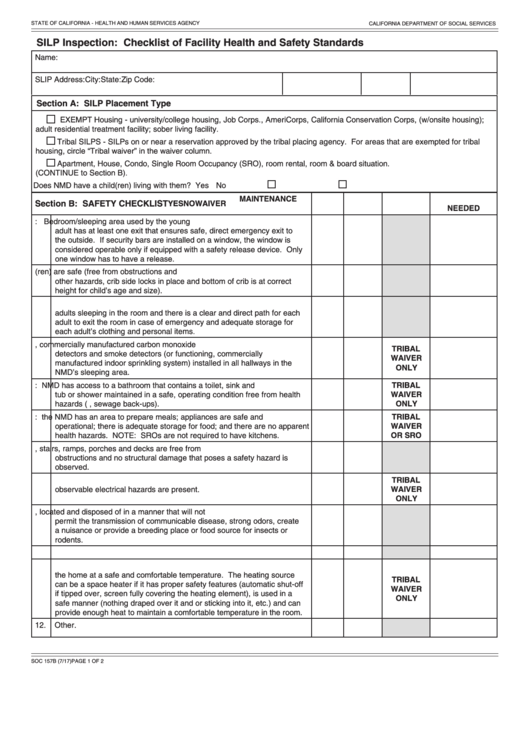 Fillable Form Soc 157b - Silp Inspection - Checklist Of Facility Health And Safety Standards Printable pdf